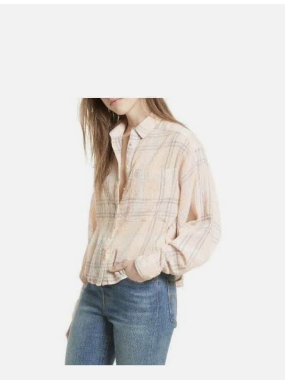 Free People Peach Plaid Button-Front Lightweight Flannel Batwing Sleeve